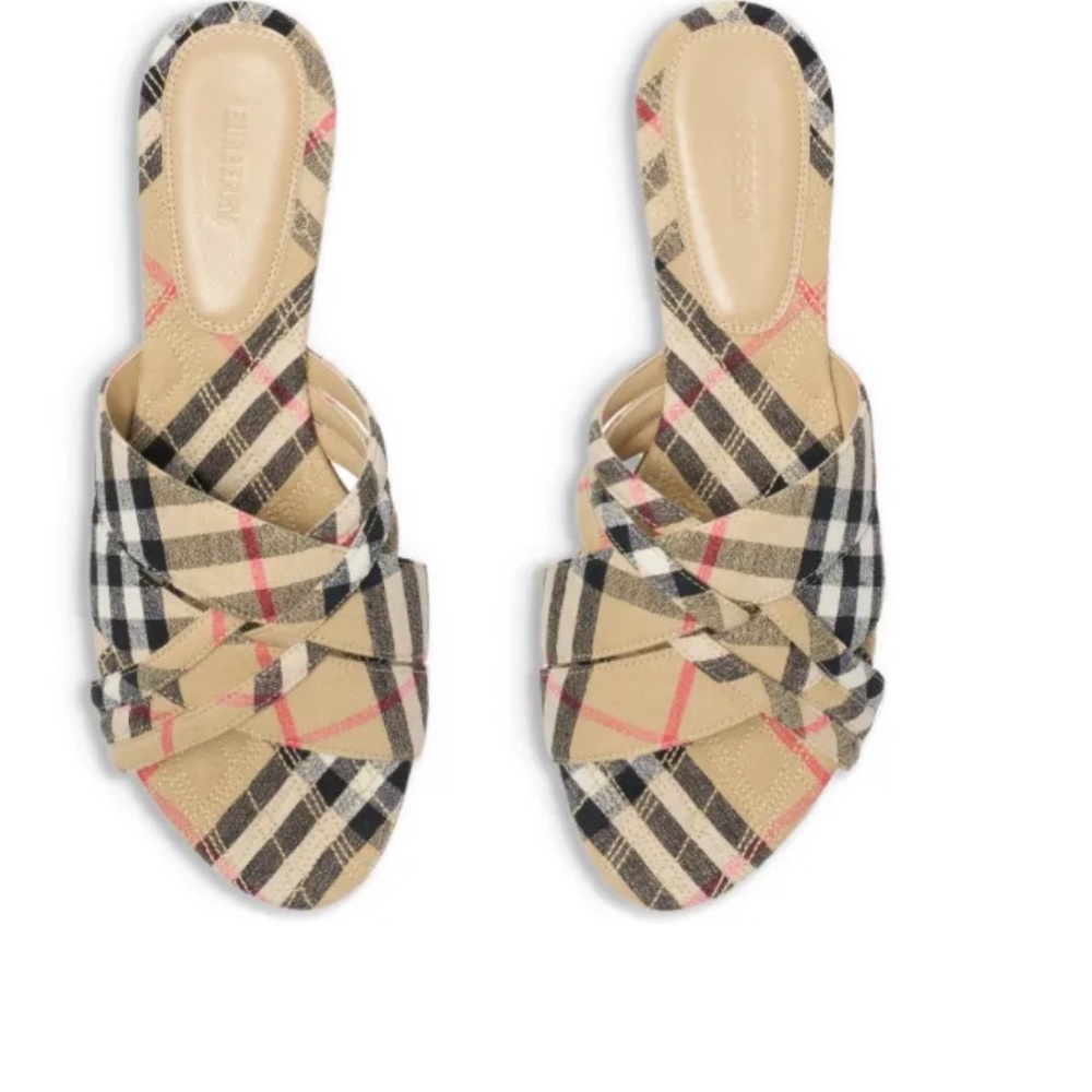Burberry Check Cabana Slides in a linen blend with a leather sole NWT SIZE 8.5